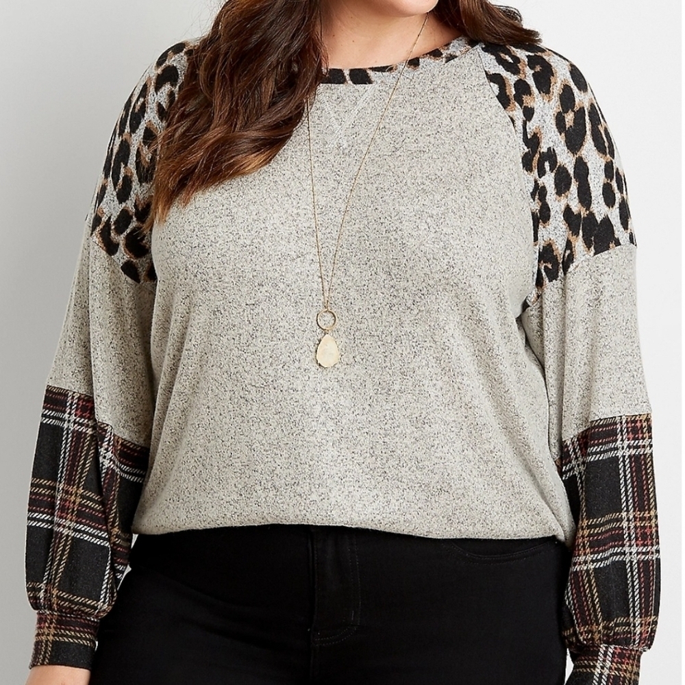 Maurices 24/7 Leopard Plaid Color block Blouson Sleeve Baseball Tee Size Small - Picture 1 of 11
